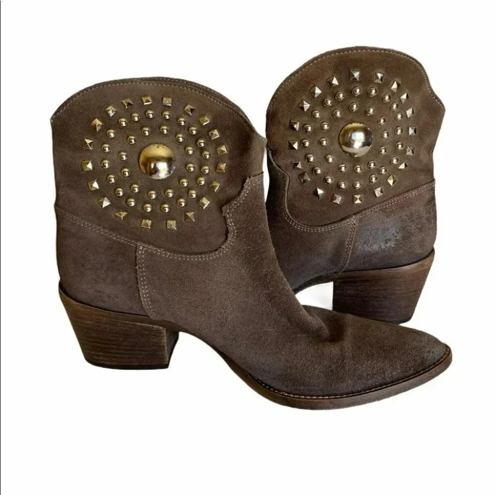 Brown suede studded ankle cowboy‎ boots 39 (Italy)